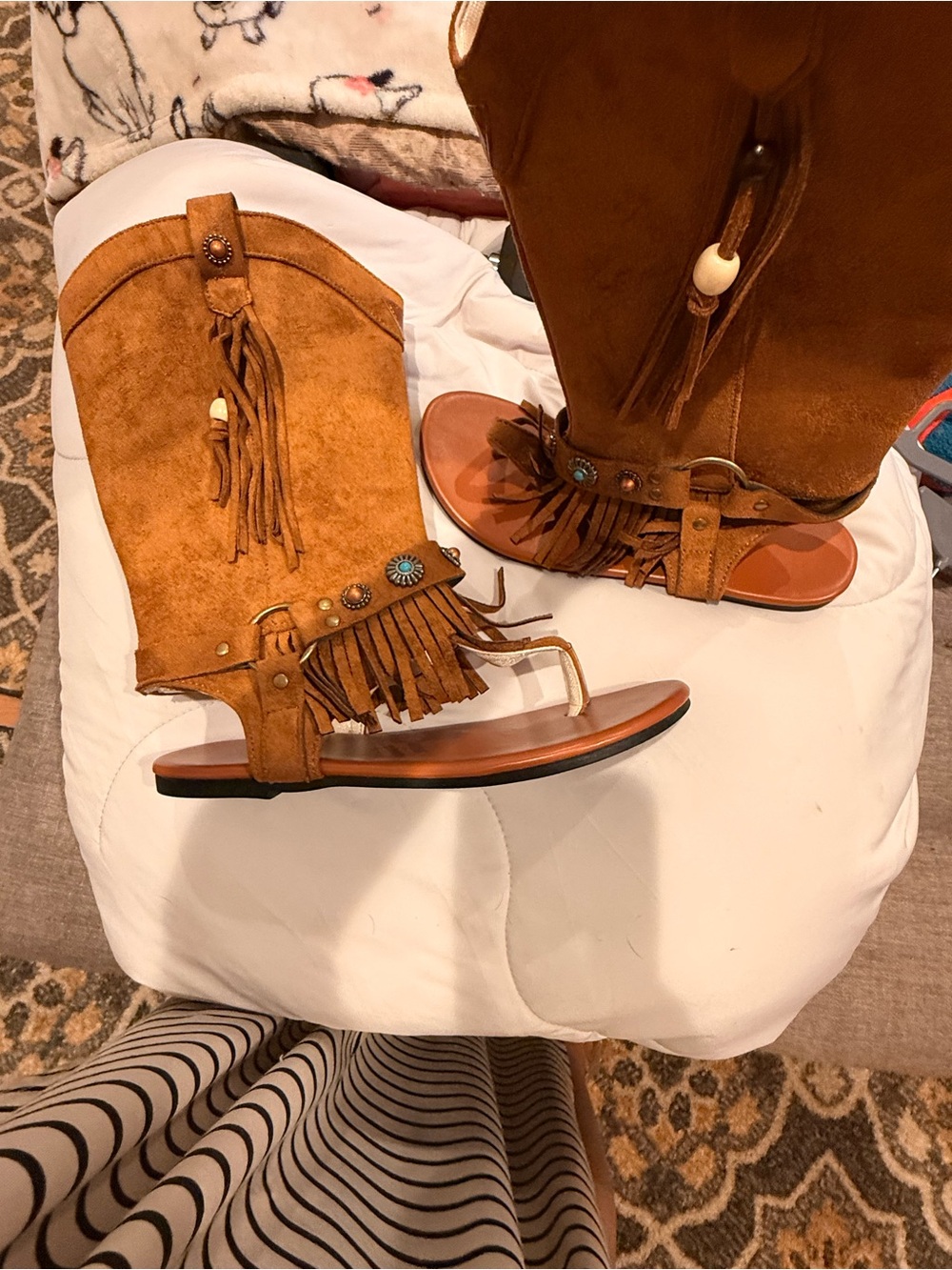 Fringe Suede Mid-Calf Sandal Boots - Tan